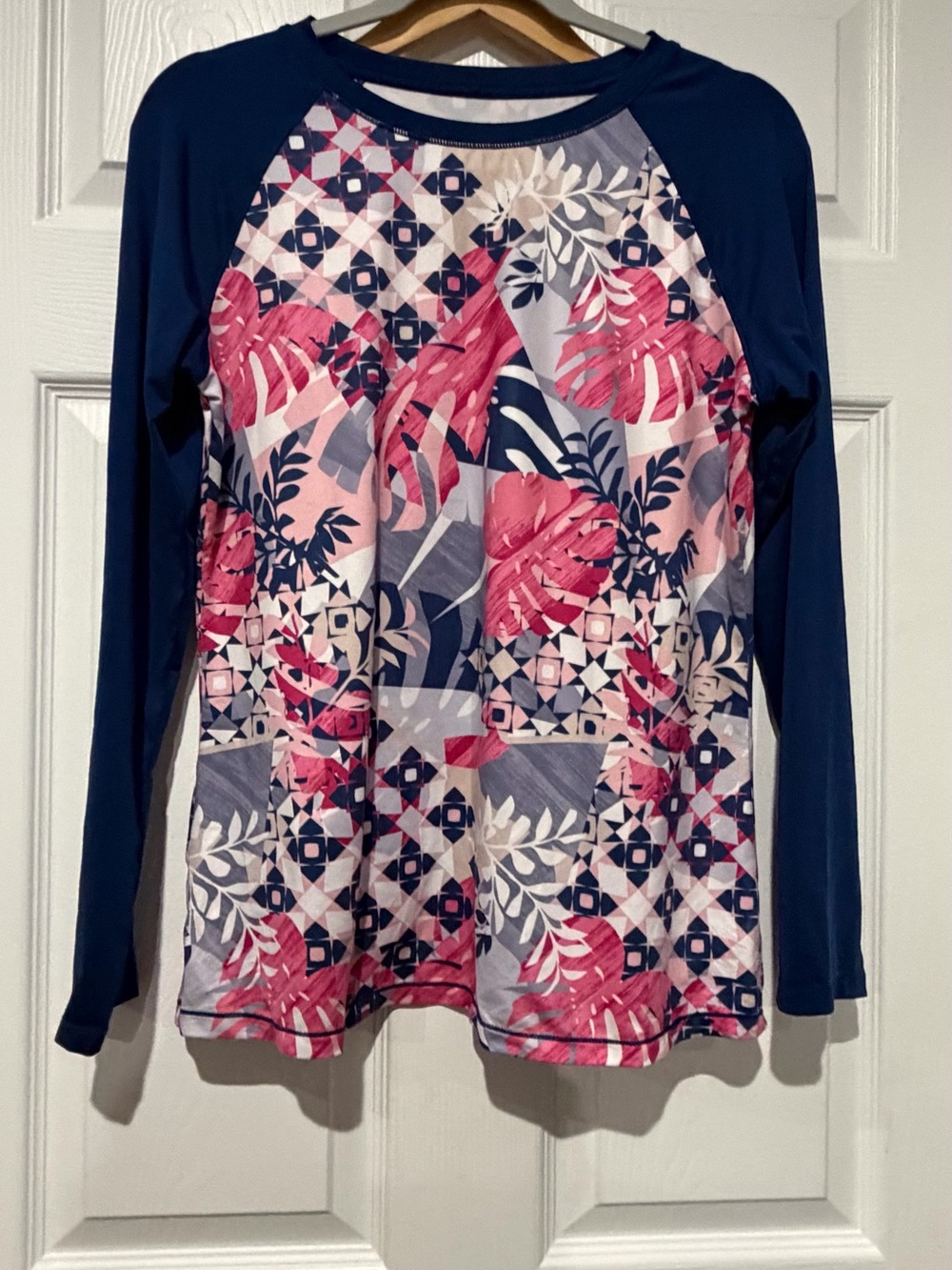 Reel Legends Navy and Pink Floral Raglan Long Sleeve Tee